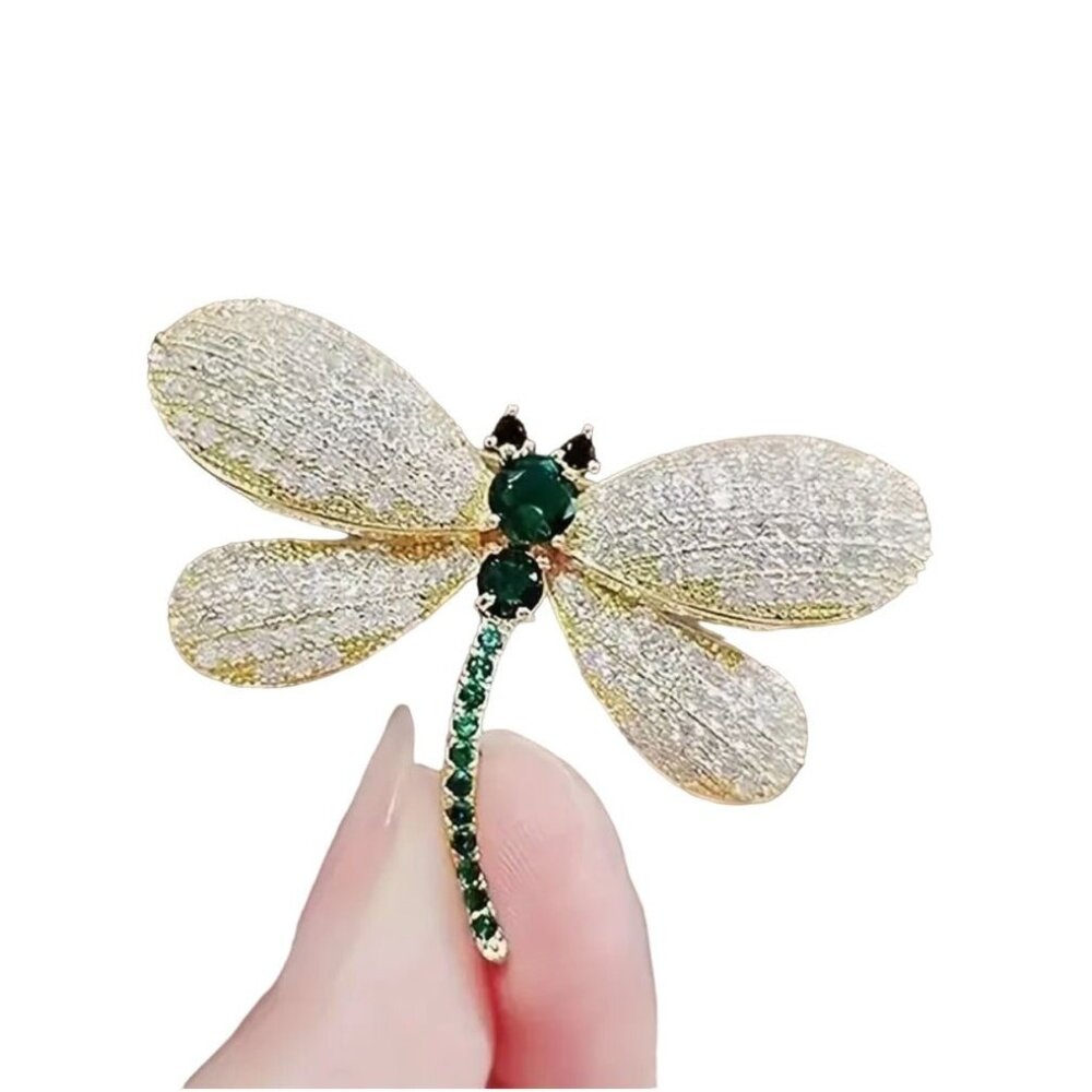 Women's Dragonfly Brooch Green & Clear Crystals Gold Tone